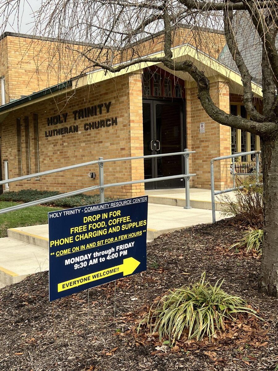 Holy Trinity Lutheran Church with drop-in program sign